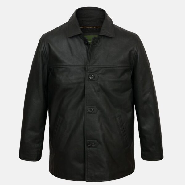 Men’s Black Button Leather Long Coat