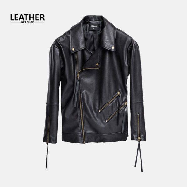 Women fashion leather jacket zipper black