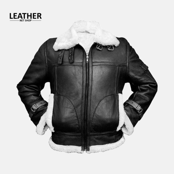 Black Aviator Fur Collar Genuine Sheepskin Leather Jacket Mens
