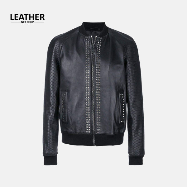 Mens Bomber Studded Dotted Pattern Leather Jacket..