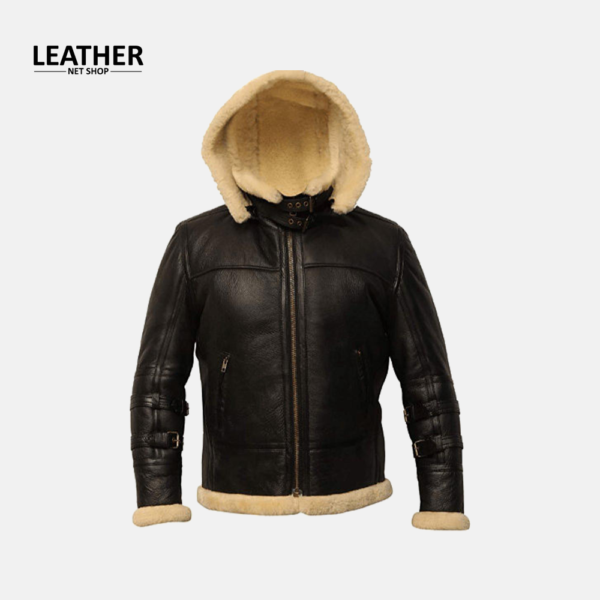 B3 Black Bomber Real Shearling Leather Jacket Removable Hooded