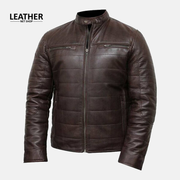 Mens Puffer Brown Leather Café Racer Jacket