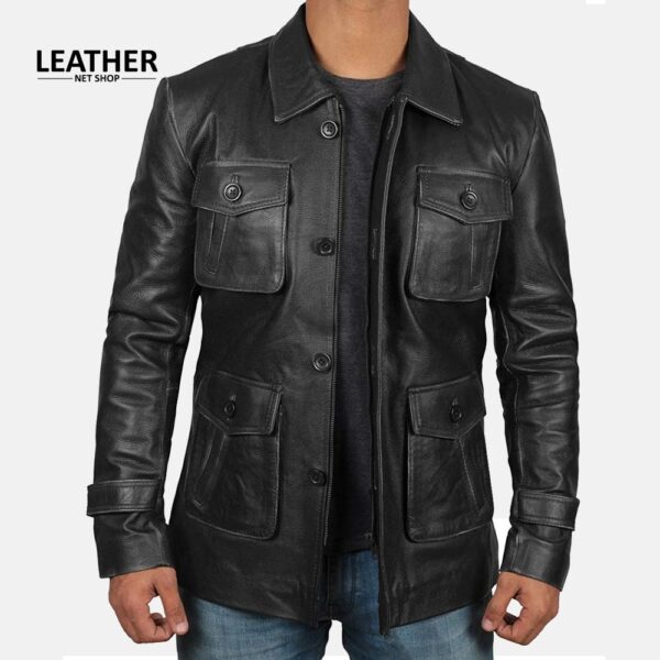 Atlanta Four Button Pocket Mens Distressed Black Leather Jacket