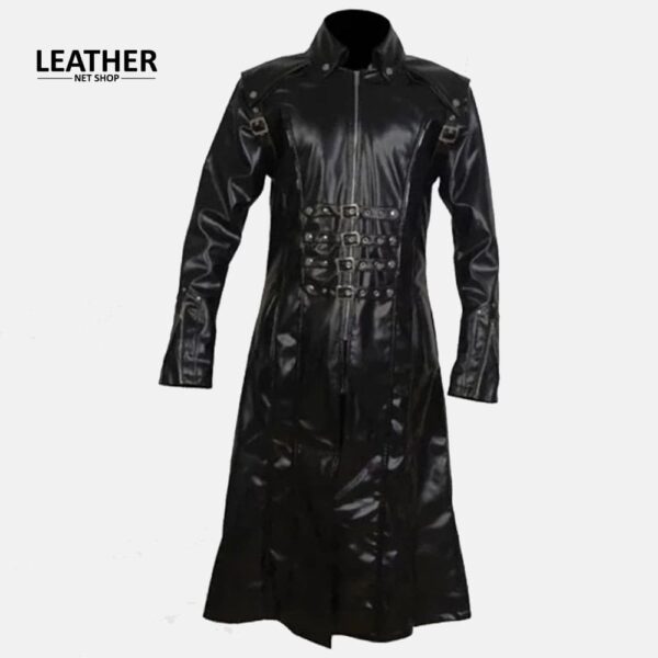 Mens Gothic Genuine Sheepskin Black Leather Long Trench Coat