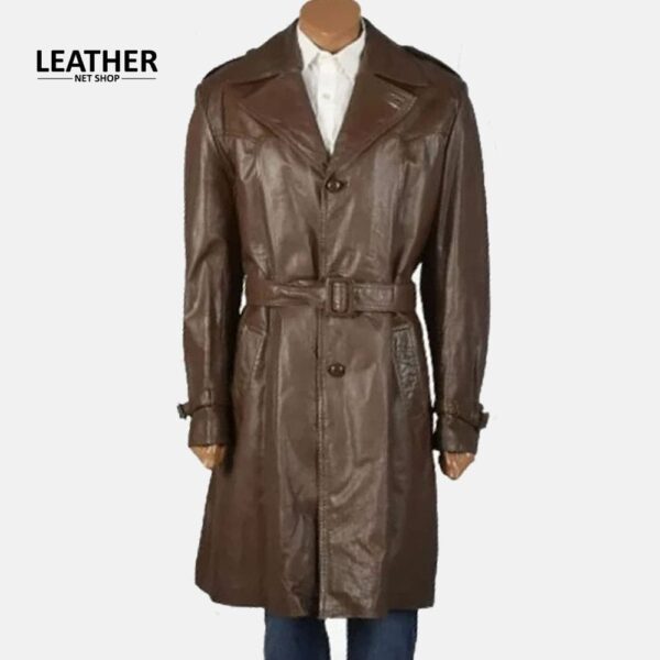 Mens Trendy Real Sheepskin Brown Long Leather Trench Coat-min